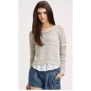 Coastal Prep Euro Summer Quiet Luxury Openwork Boho Knit Sweater Beige Large